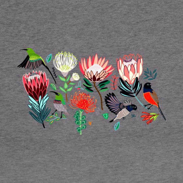 Sunbirds & Proteas On Grey by TigaTiga